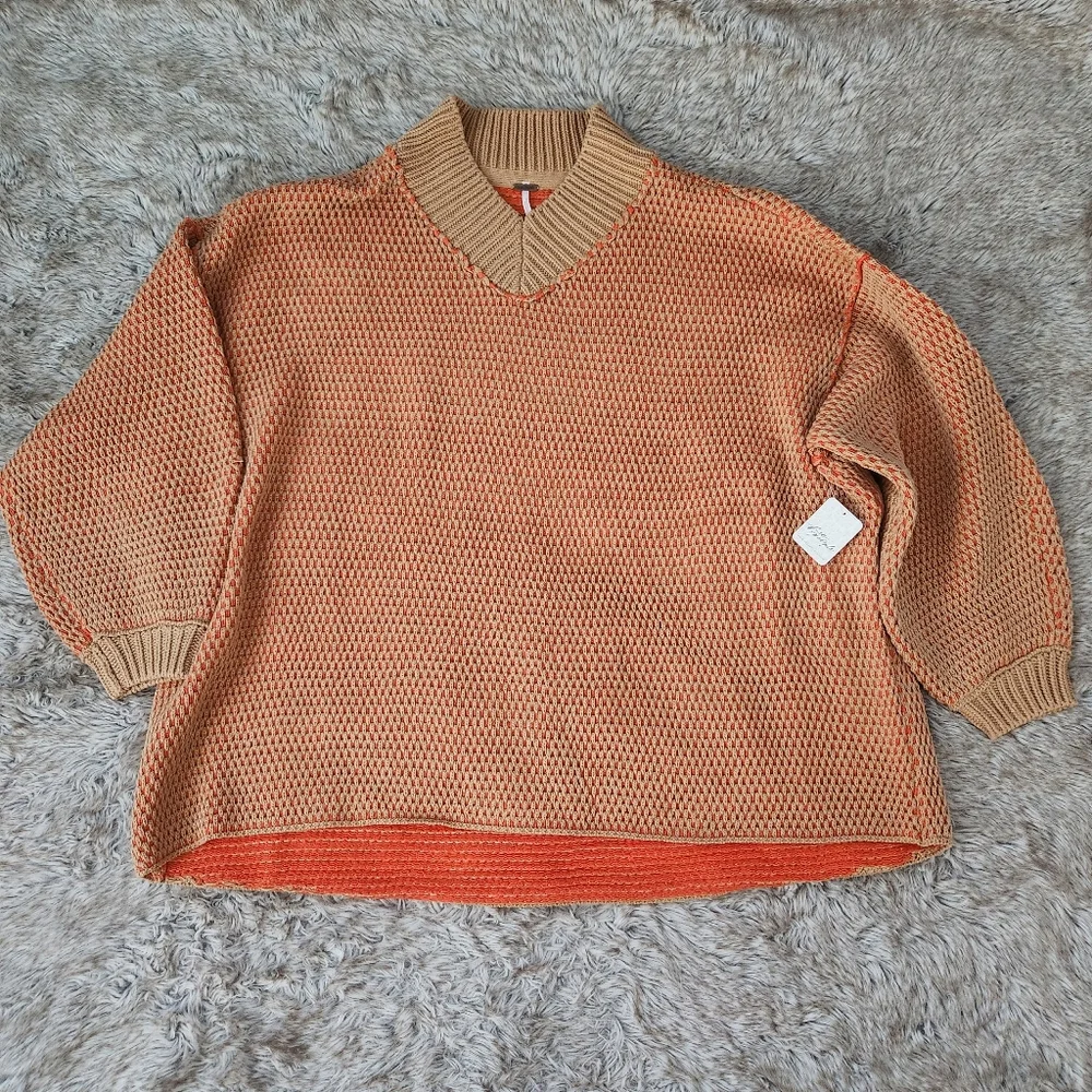 Free People Maisie Oversized Sweatshirt Camel Tangerine Combo Women's Size Small